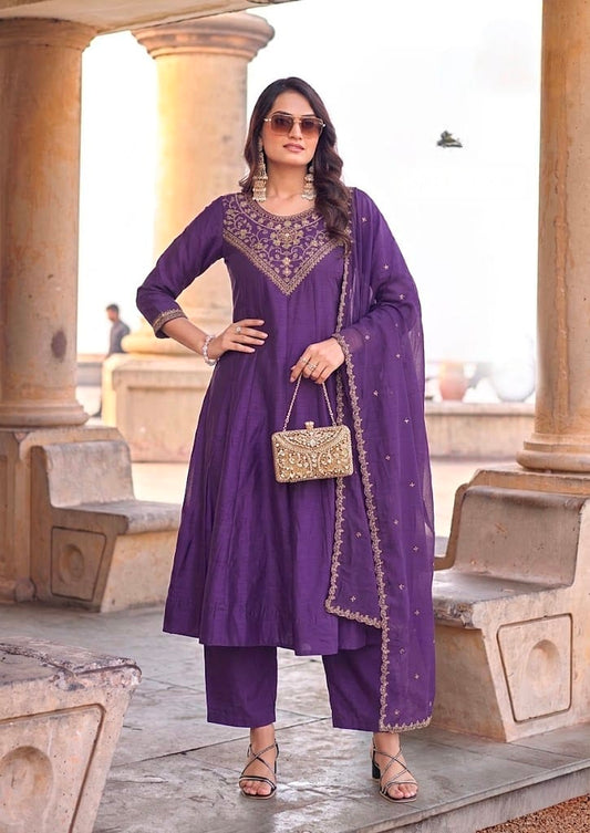 Women's Kurta Pant Set in Mustard & Purple Vichitra Silk with Coding and Embroidery Work