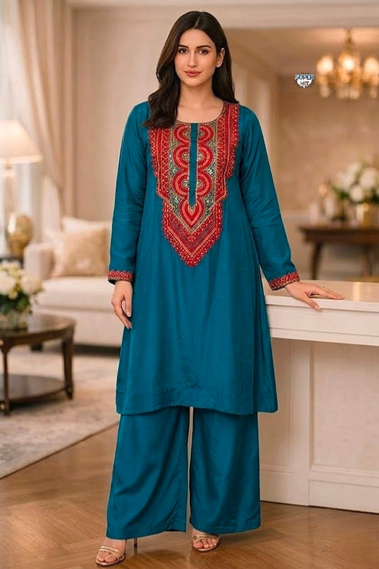 Women's Co-ord Set in Taupe & Teal Premium French Crepe with Embroidered Yoke