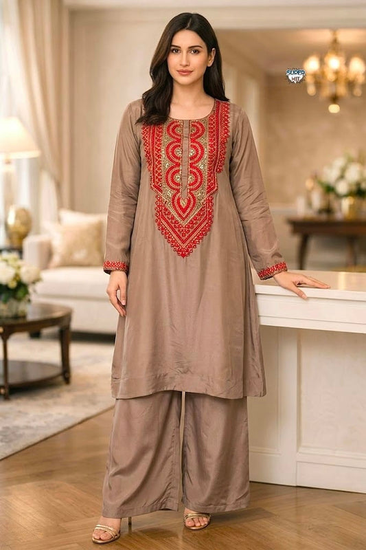 Women's Co-ord Set in Taupe & Teal Premium French Crepe with Embroidered Yoke