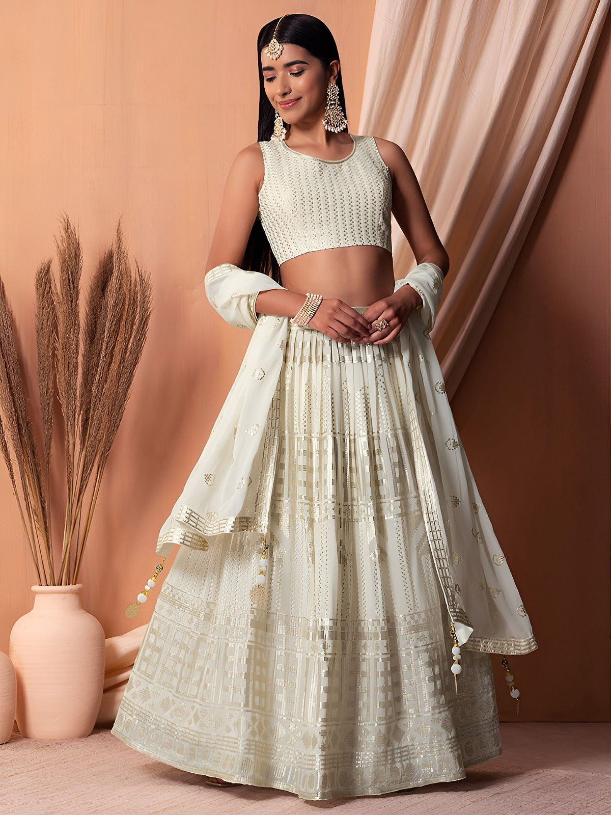 Women's Lehenga in Ivory Georgette with Thread & Sequins Embroidery