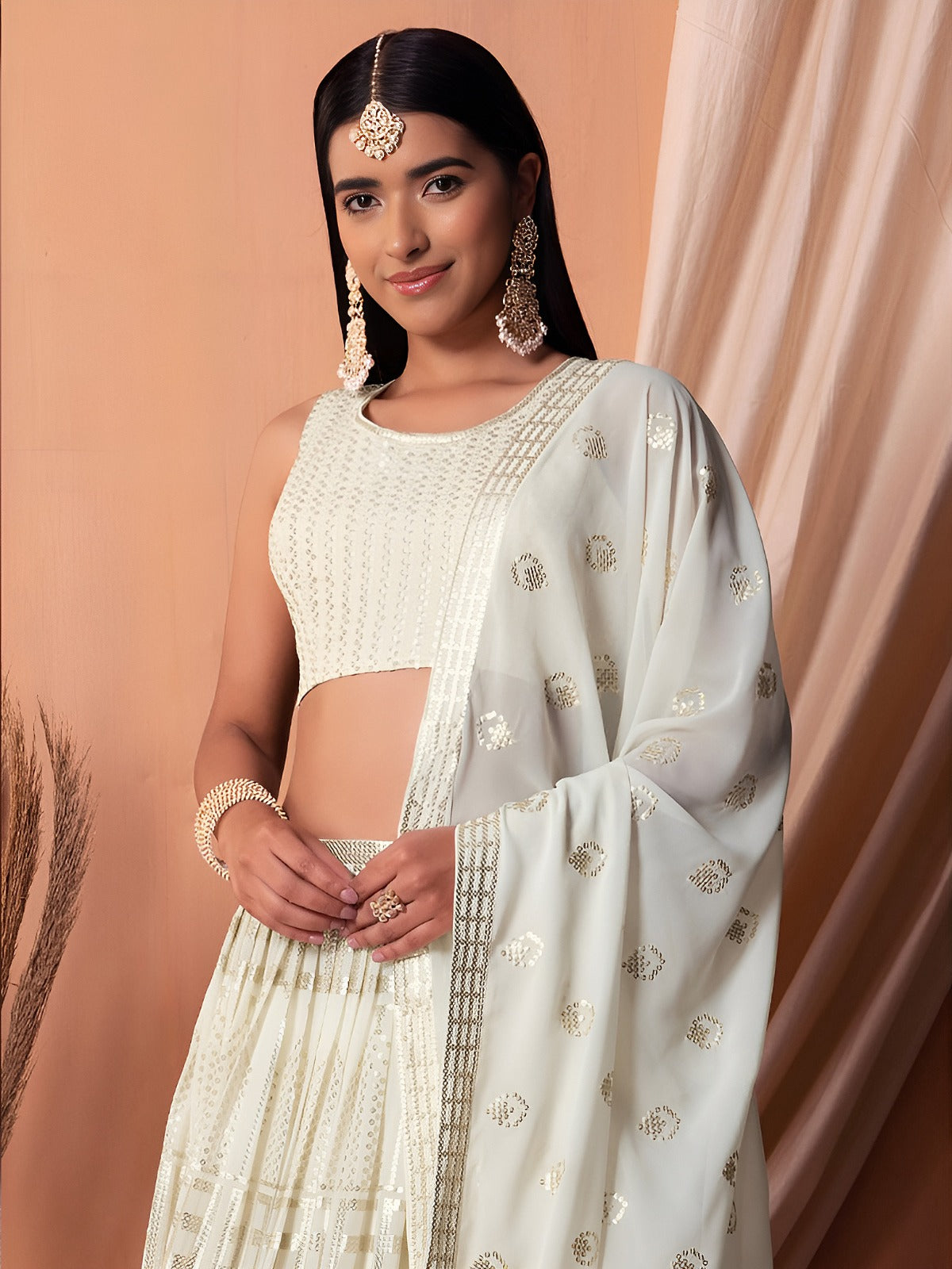 Women's Lehenga in Ivory Georgette with Thread & Sequins Embroidery