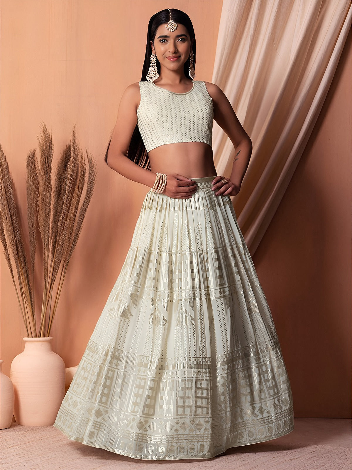 Women's Lehenga in Ivory Georgette with Thread & Sequins Embroidery