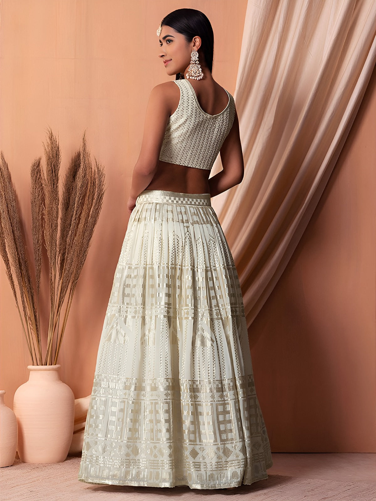 Women's Lehenga in Ivory Georgette with Thread & Sequins Embroidery