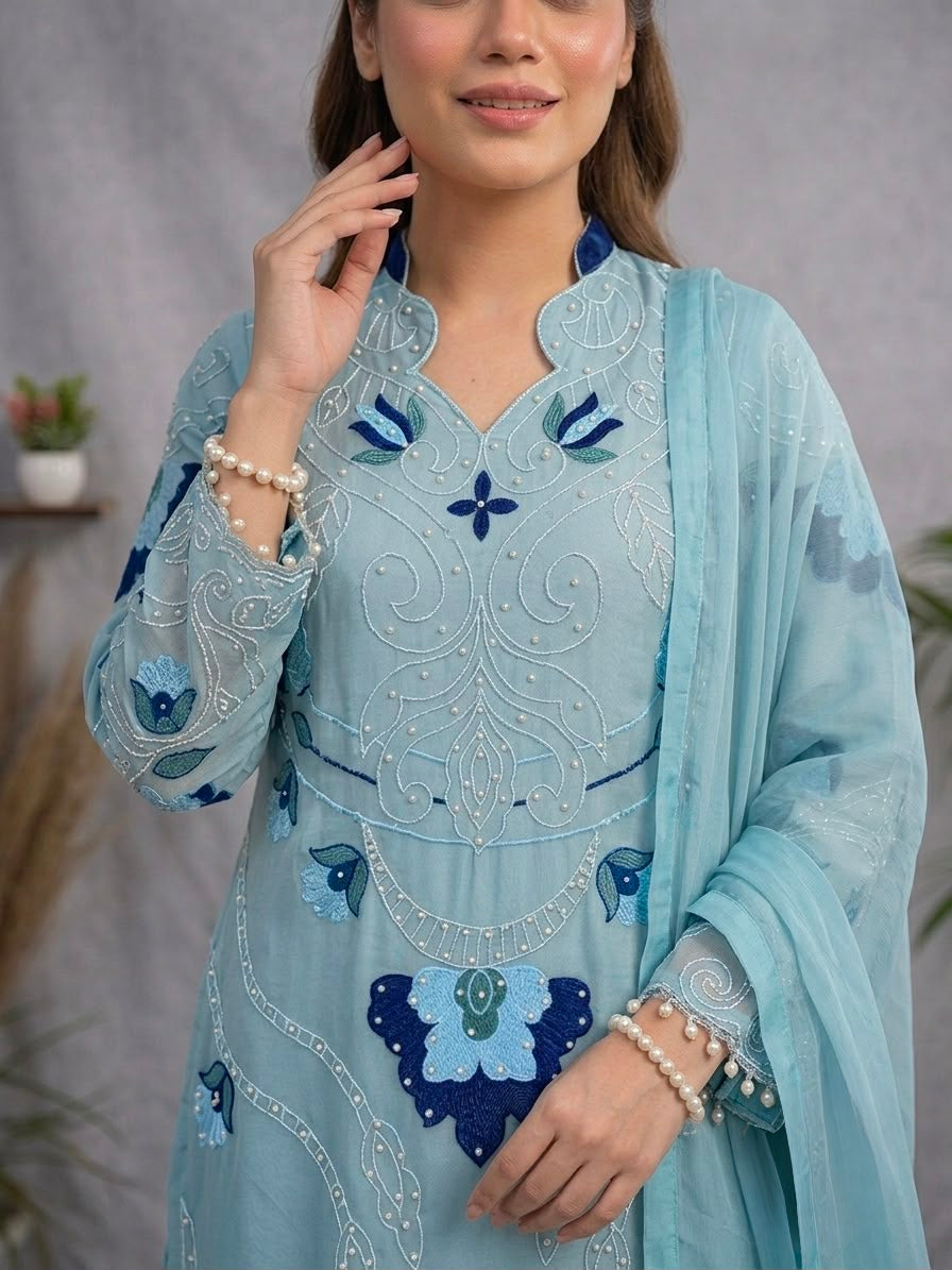 Women's Palazzo Suit Set in Assorted Colors Soft Organza with Embroidery and Cutwork