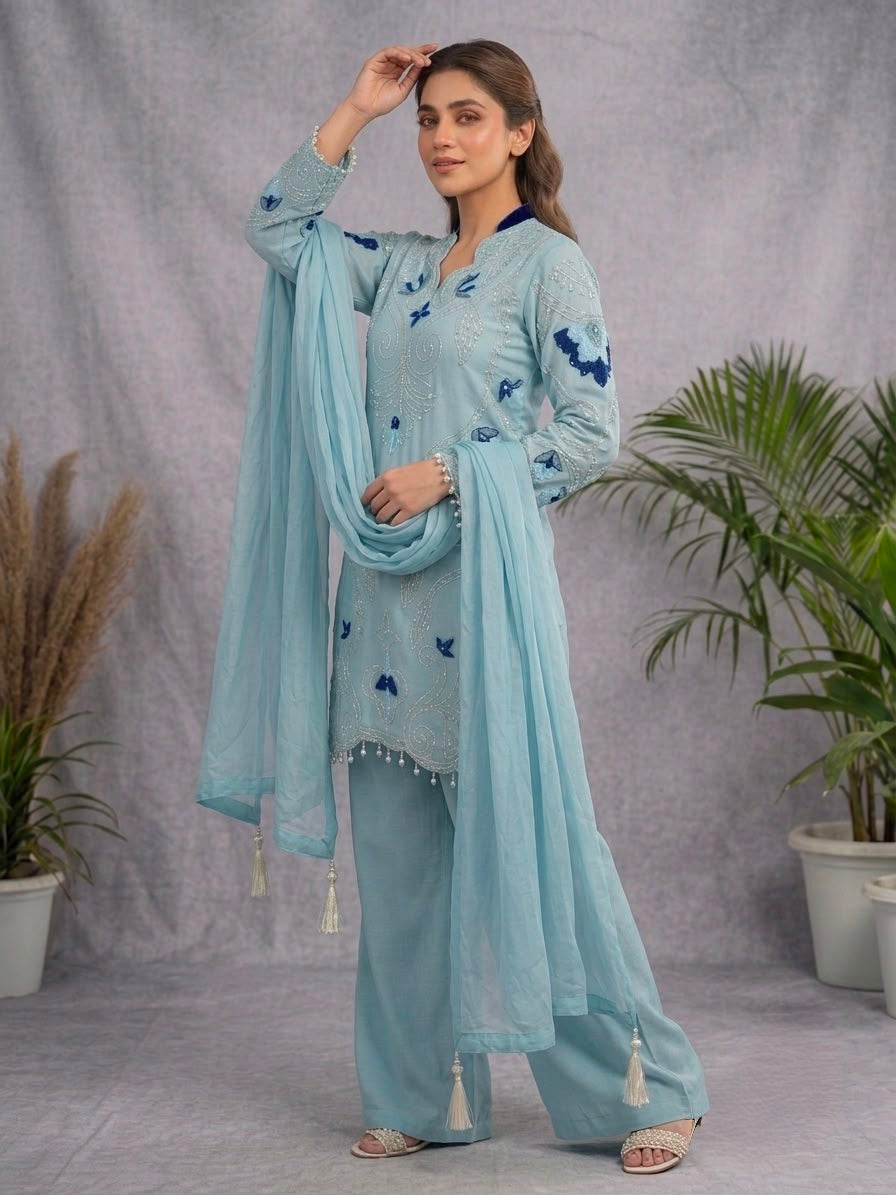 Women's Palazzo Suit Set in Assorted Colors Soft Organza with Embroidery and Cutwork
