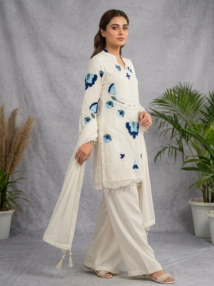 Women's Palazzo Suit Set in Assorted Colors Soft Organza with Embroidery and Cutwork