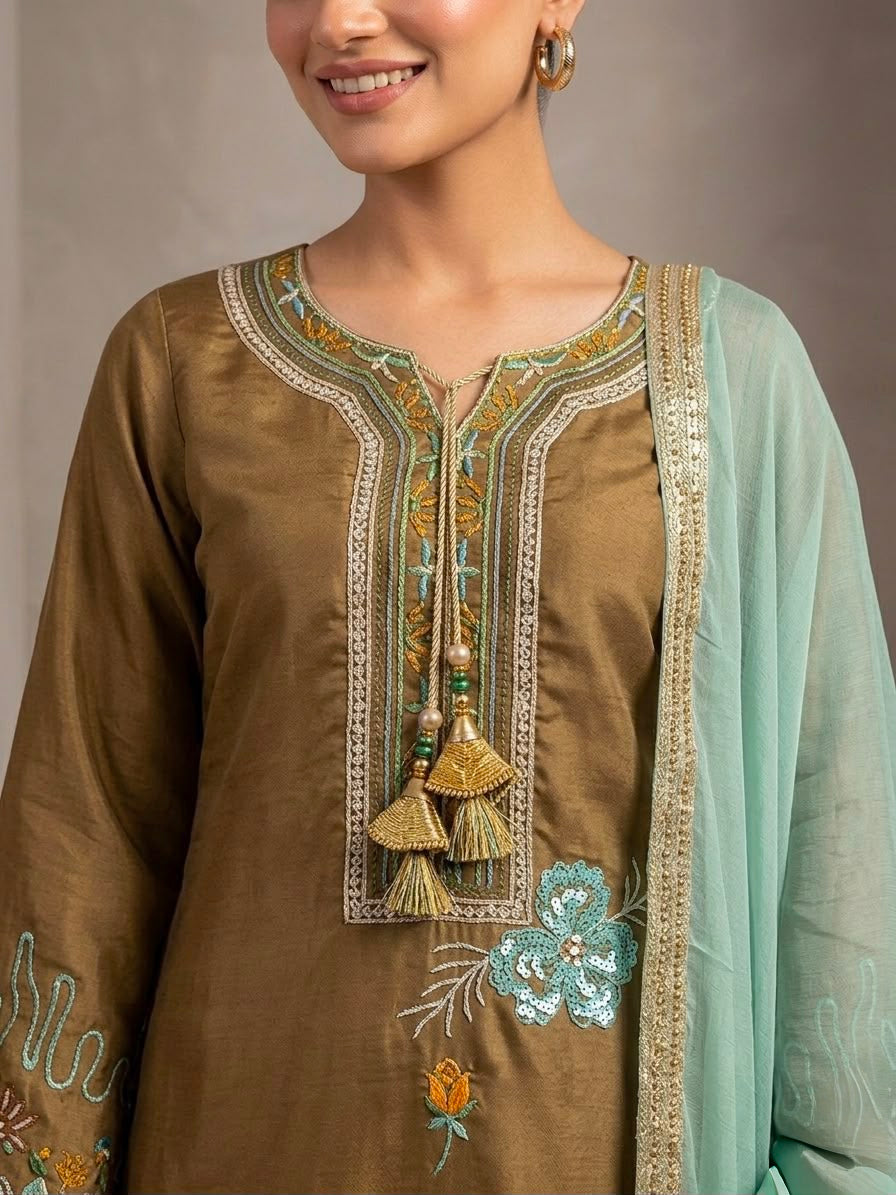 Women's Straight Suit Set in Olive Brown Glass Roman Fabric with Floral Embroidery
