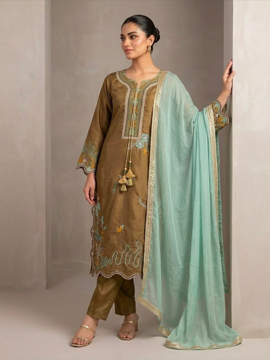Women's Straight Suit Set in Olive Brown Glass Roman Fabric with Floral Embroidery