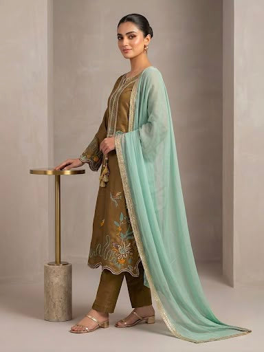 Women's Straight Suit Set in Olive Brown Glass Roman Fabric with Floral Embroidery