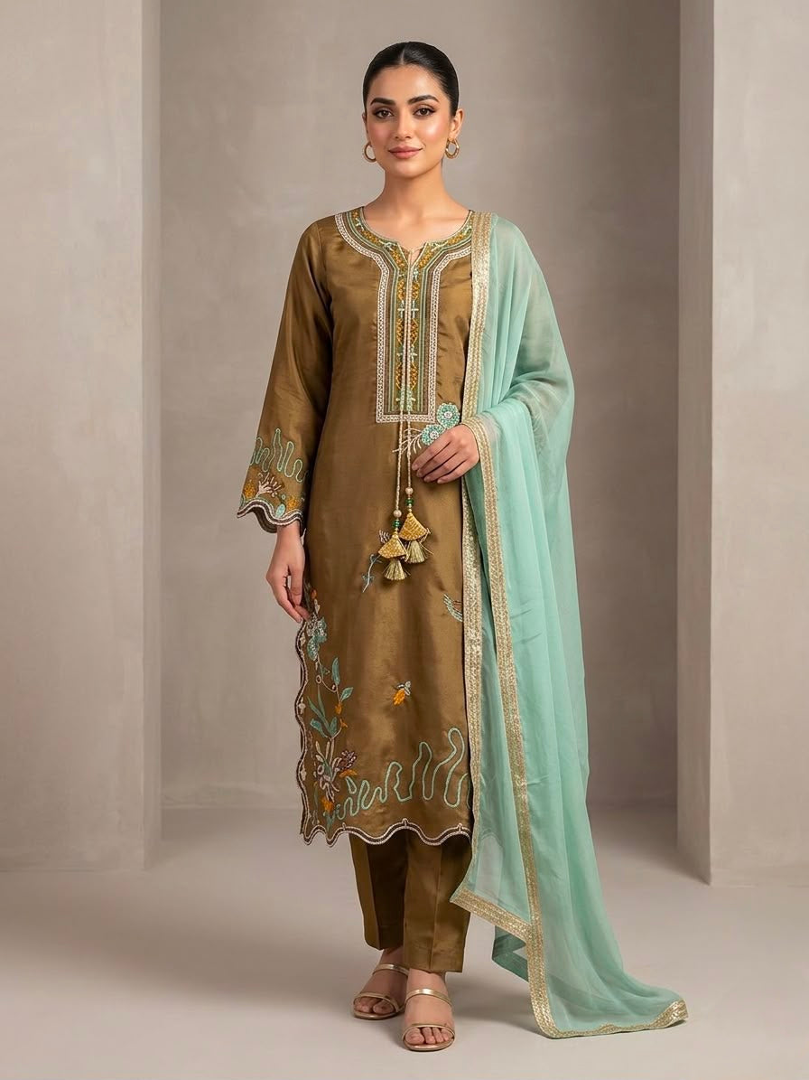 Women's Straight Suit Set in Olive Brown Glass Roman Fabric with Floral Embroidery