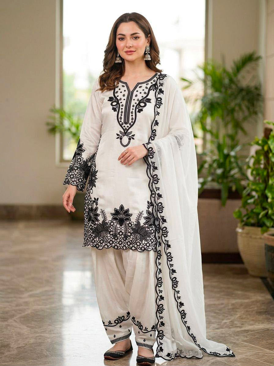 Women's Farshi Salwar Suit Set in White Glass Roman Fabric with Black Sequin Embroidery and Cutwork
