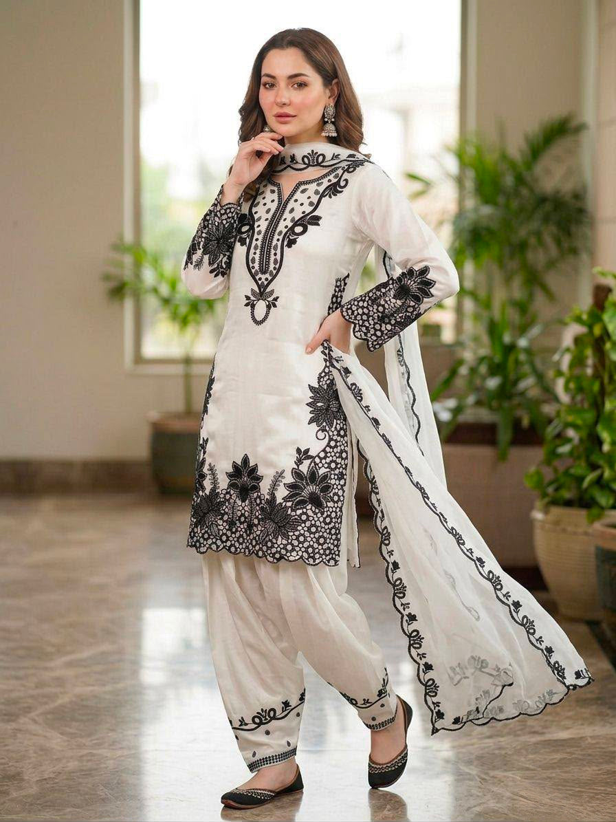 Women's Farshi Salwar Suit Set in White Glass Roman Fabric with Black Sequin Embroidery and Cutwork
