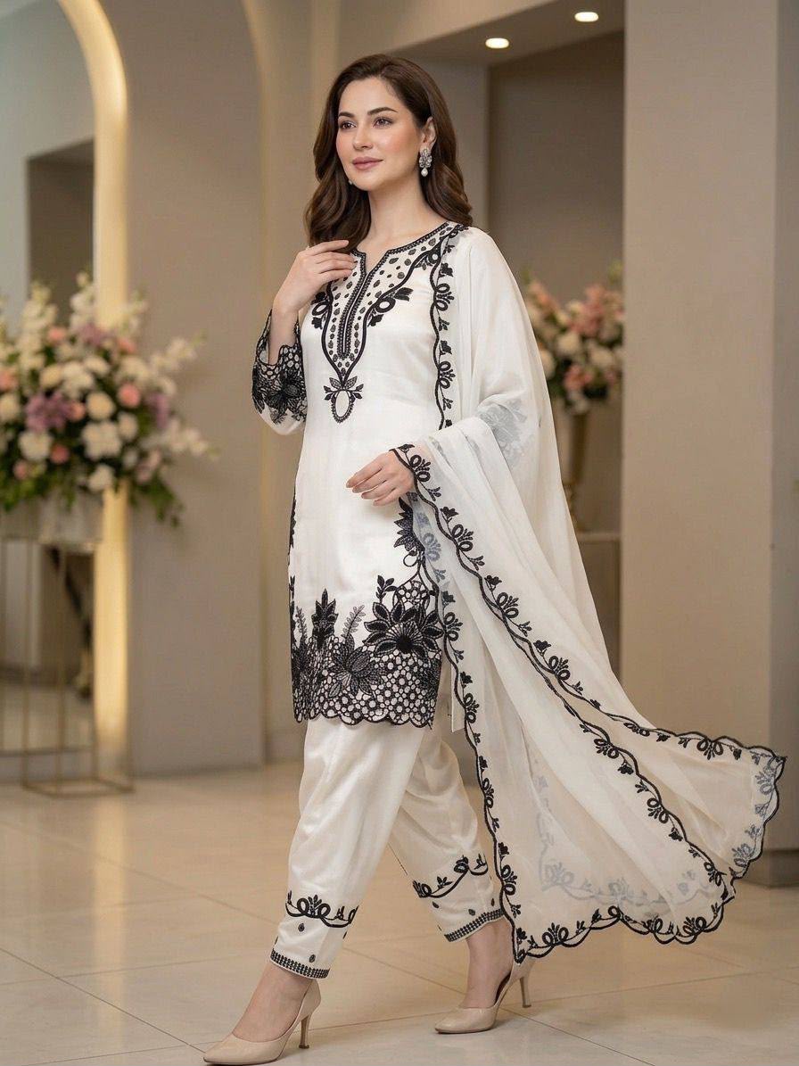 Women's Farshi Salwar Suit Set in White Glass Roman Fabric with Black Sequin Embroidery and Cutwork