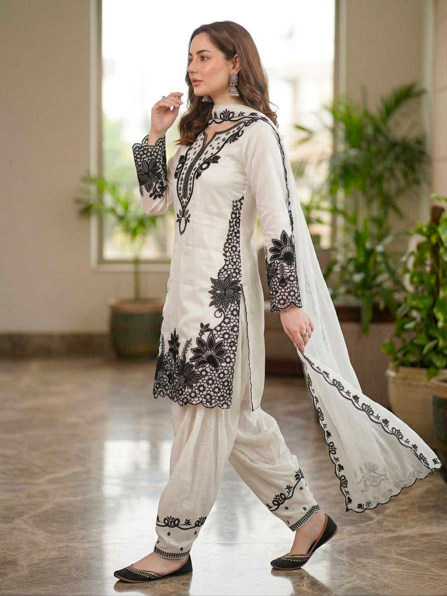 Women's Farshi Salwar Suit Set in White Glass Roman Fabric with Black Sequin Embroidery and Cutwork