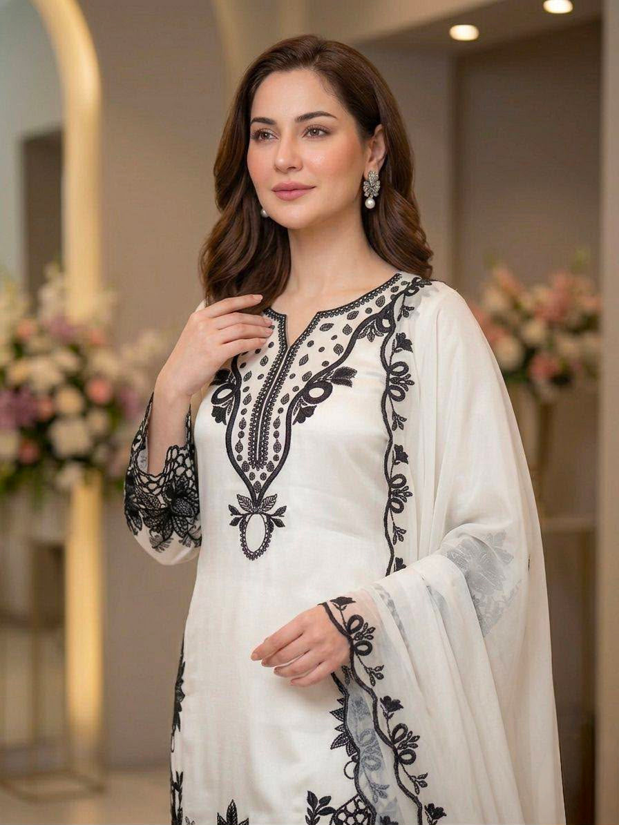 Women's Farshi Salwar Suit Set in White Glass Roman Fabric with Black Sequin Embroidery and Cutwork