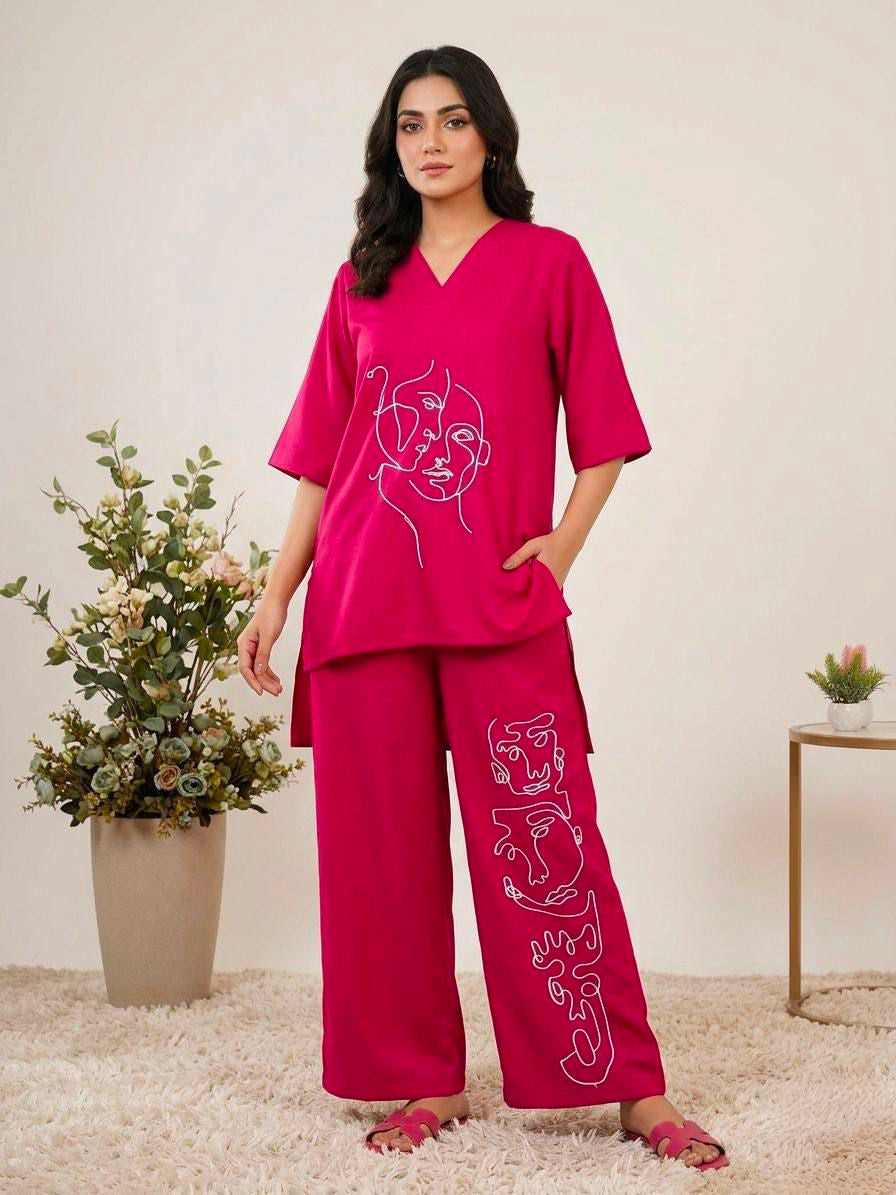 Women's Co-Ord Set in Fuchsia Pink Roman Silk with Abstract Face Embroidery
