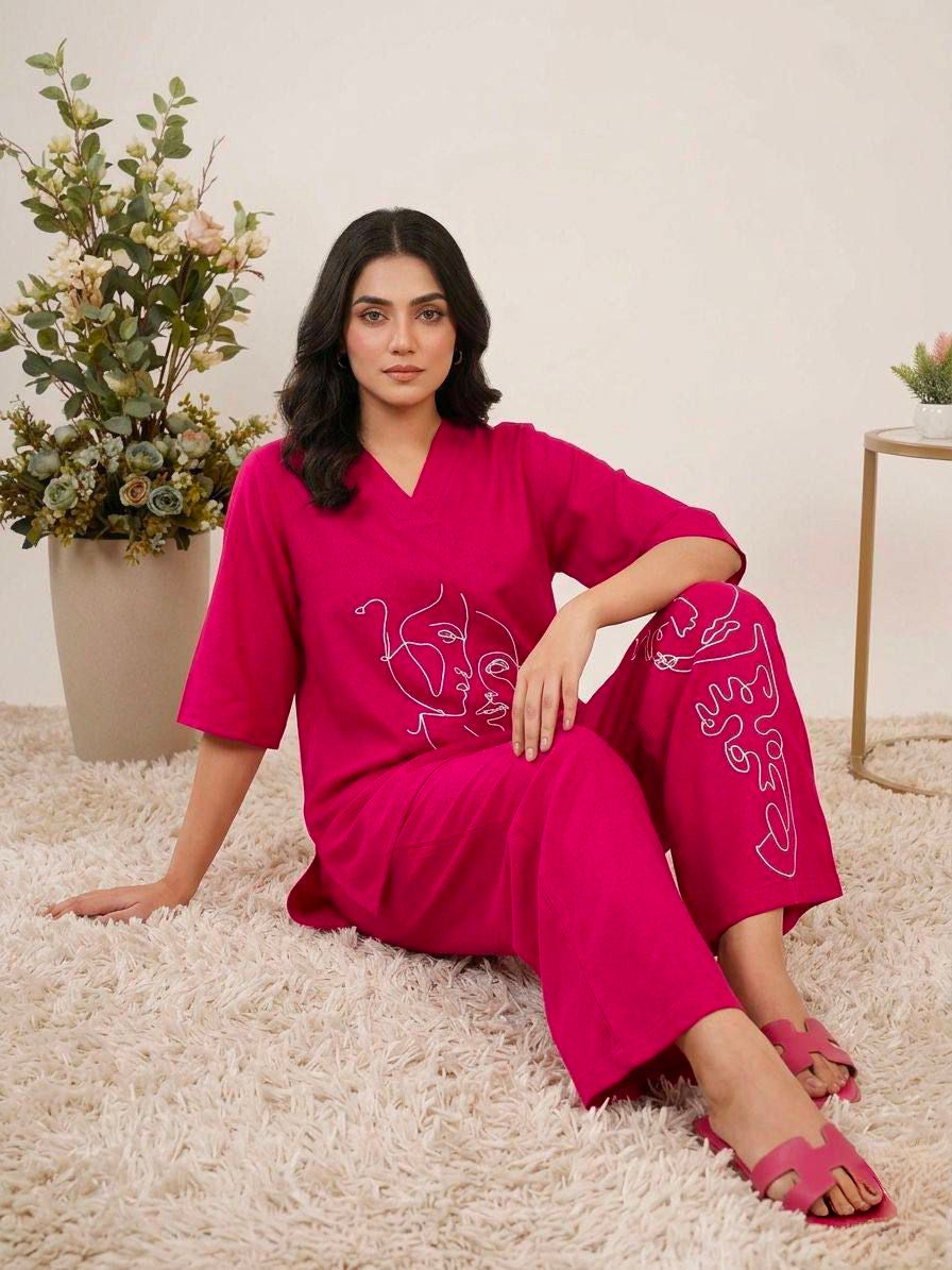 Women's Co-Ord Set in Fuchsia Pink Roman Silk with Abstract Face Embroidery