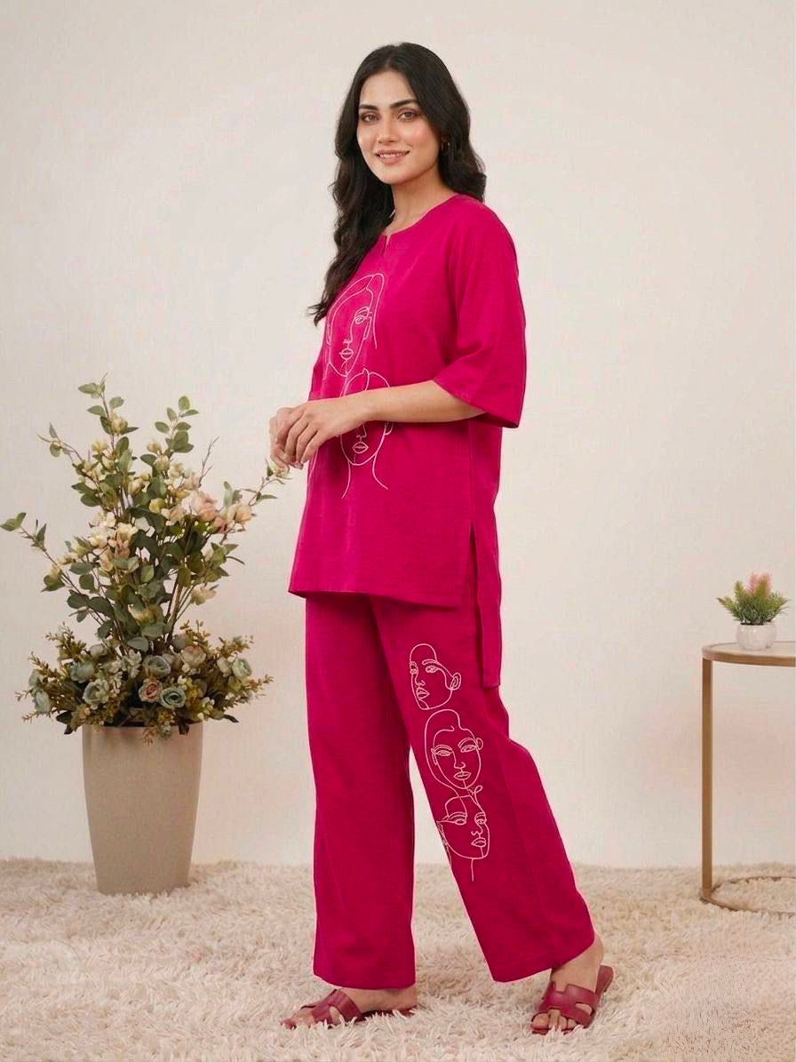 Women's Co-Ord Set in Fuchsia Pink Roman Silk with Abstract Face Embroidery