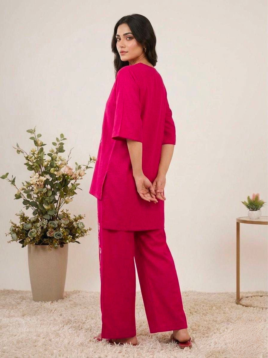Women's Co-Ord Set in Fuchsia Pink Roman Silk with Abstract Face Embroidery