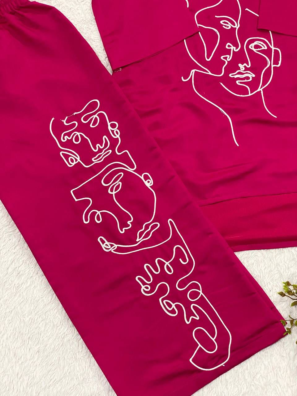 Women's Co-Ord Set in Fuchsia Pink Roman Silk with Abstract Face Embroidery