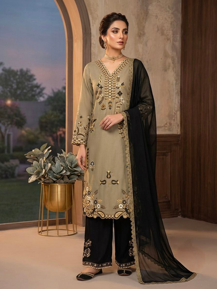 Women's Pakistani Palazzo Suit Set in Olive Green Roman Fabric with Embroidery