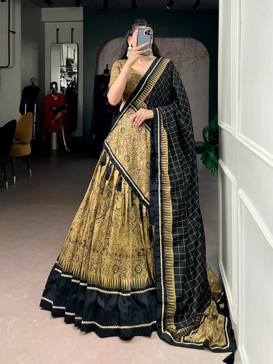 Women's Lehenga Choli in Assorted Colors Tasar Silk with Kalamkari Print and Lace Border