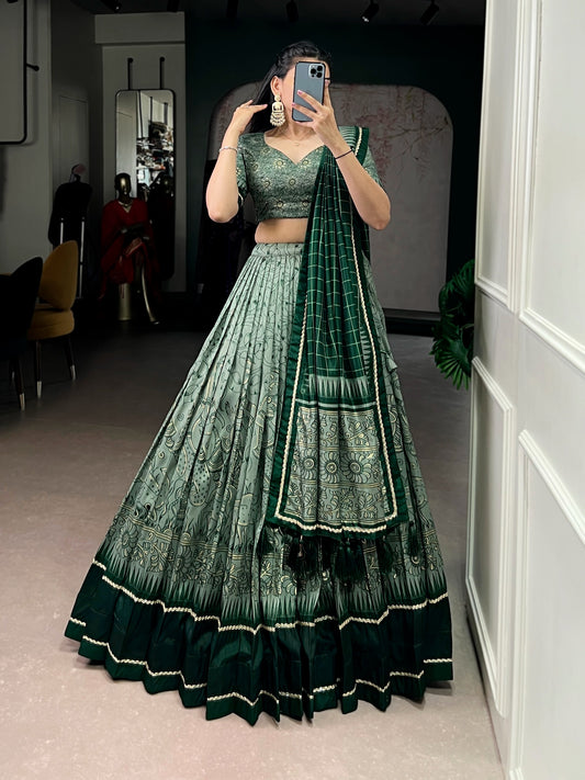 Women's Lehenga Choli in Assorted Colors Tasar Silk with Kalamkari Print and Lace Border