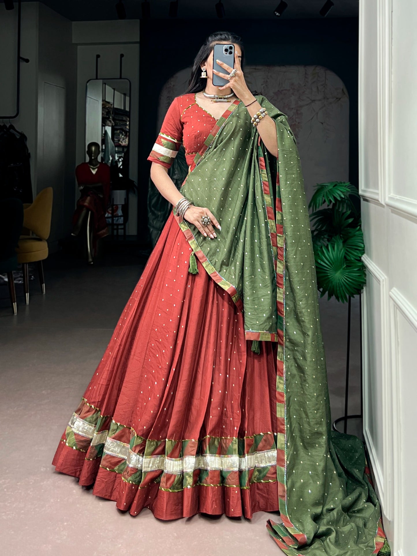 Women's Navratri Lehenga Choli in Rust Red & Olive Green Pure Chanderi with Zari Butti Weaving