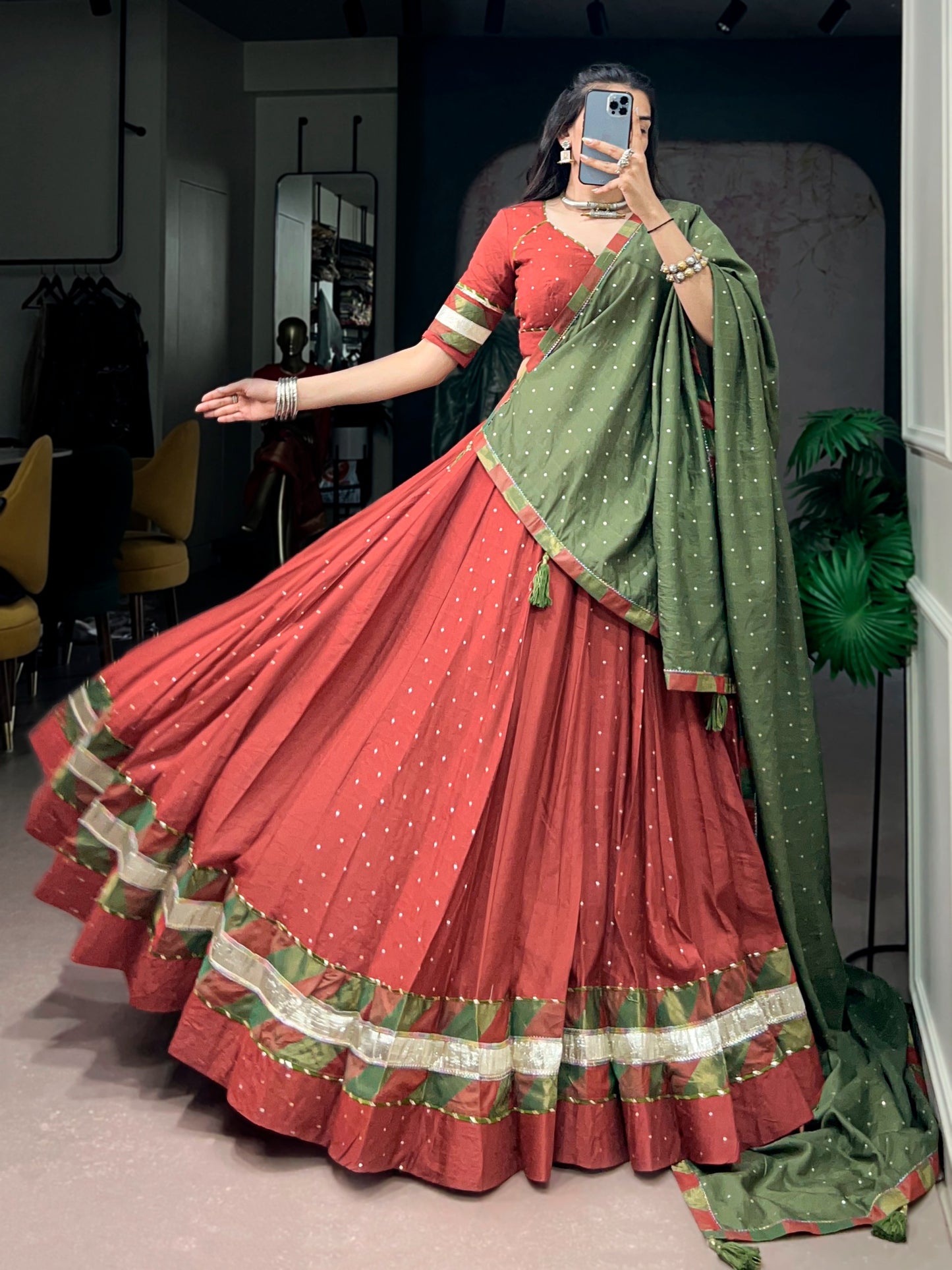 Women's Navratri Lehenga Choli in Rust Red & Olive Green Pure Chanderi with Zari Butti Weaving
