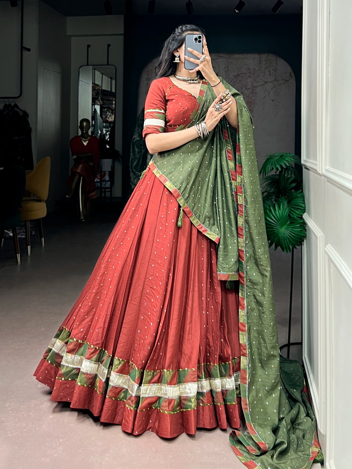 Women's Navratri Lehenga Choli in Rust Red & Olive Green Pure Chanderi with Zari Butti Weaving