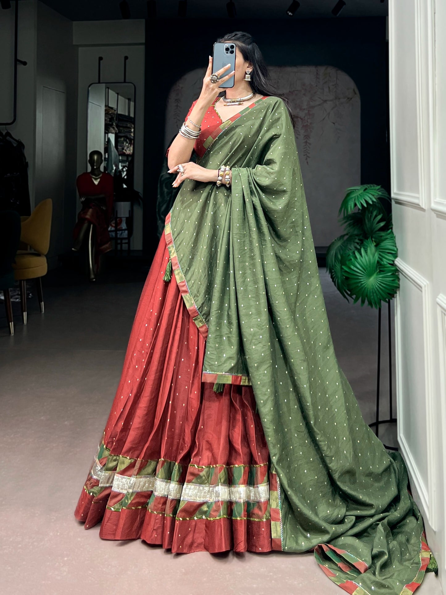 Women's Navratri Lehenga Choli in Rust Red & Olive Green Pure Chanderi with Zari Butti Weaving