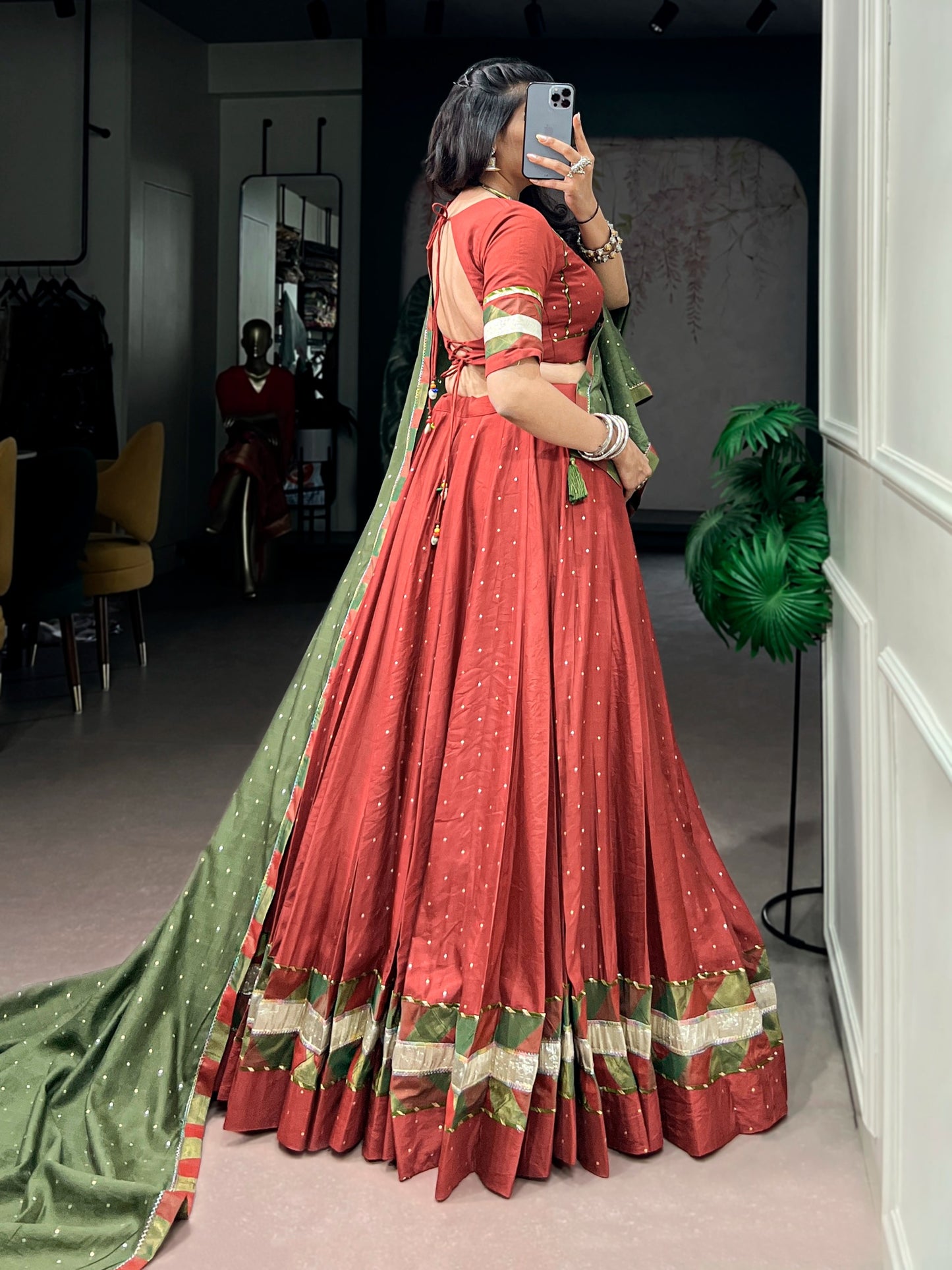 Women's Navratri Lehenga Choli in Rust Red & Olive Green Pure Chanderi with Zari Butti Weaving