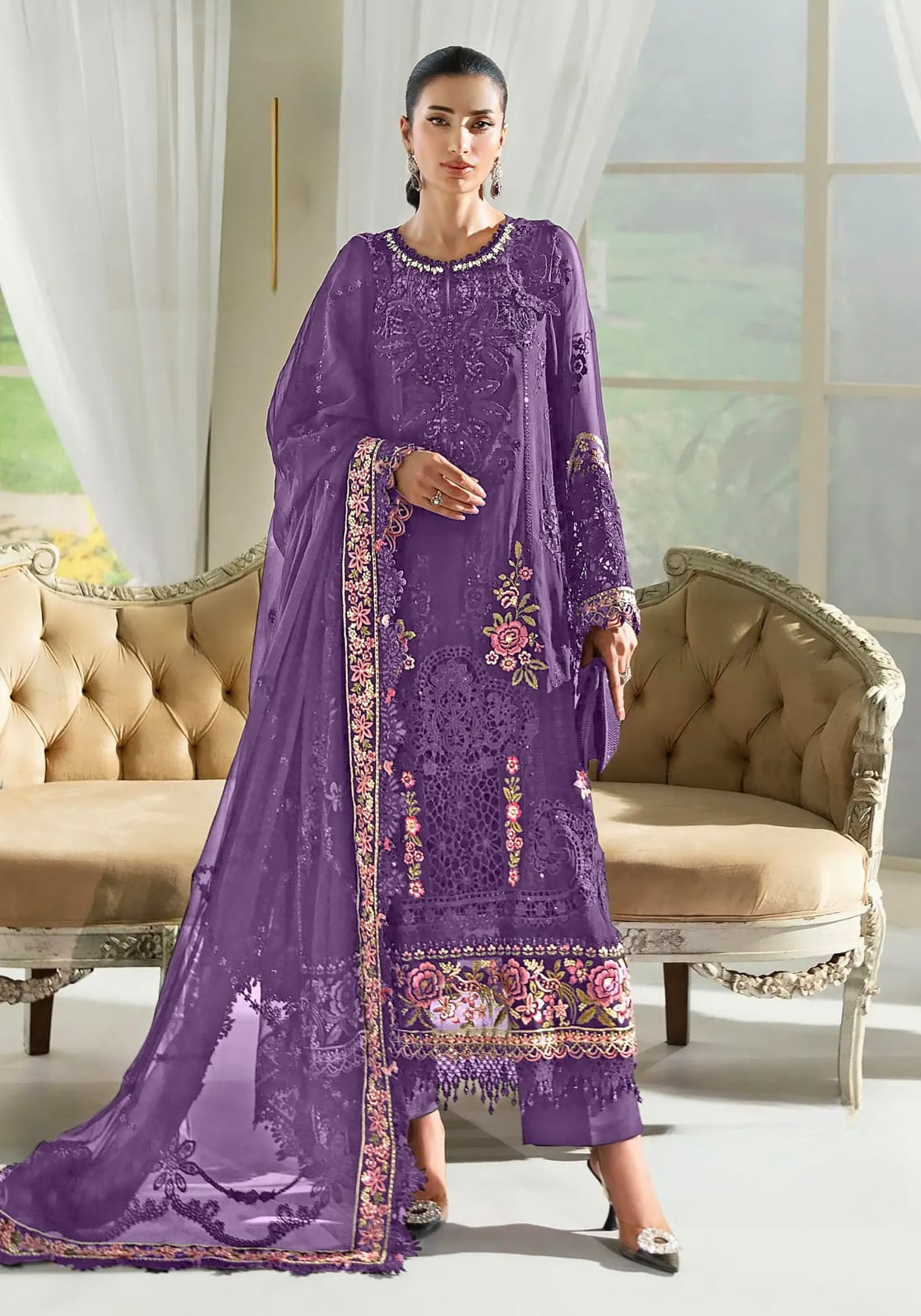 Women's Semi-Stitched Salwar Suit Catalog Set in Assorted Colors Organza with Heavy Embroidery and Cutwork