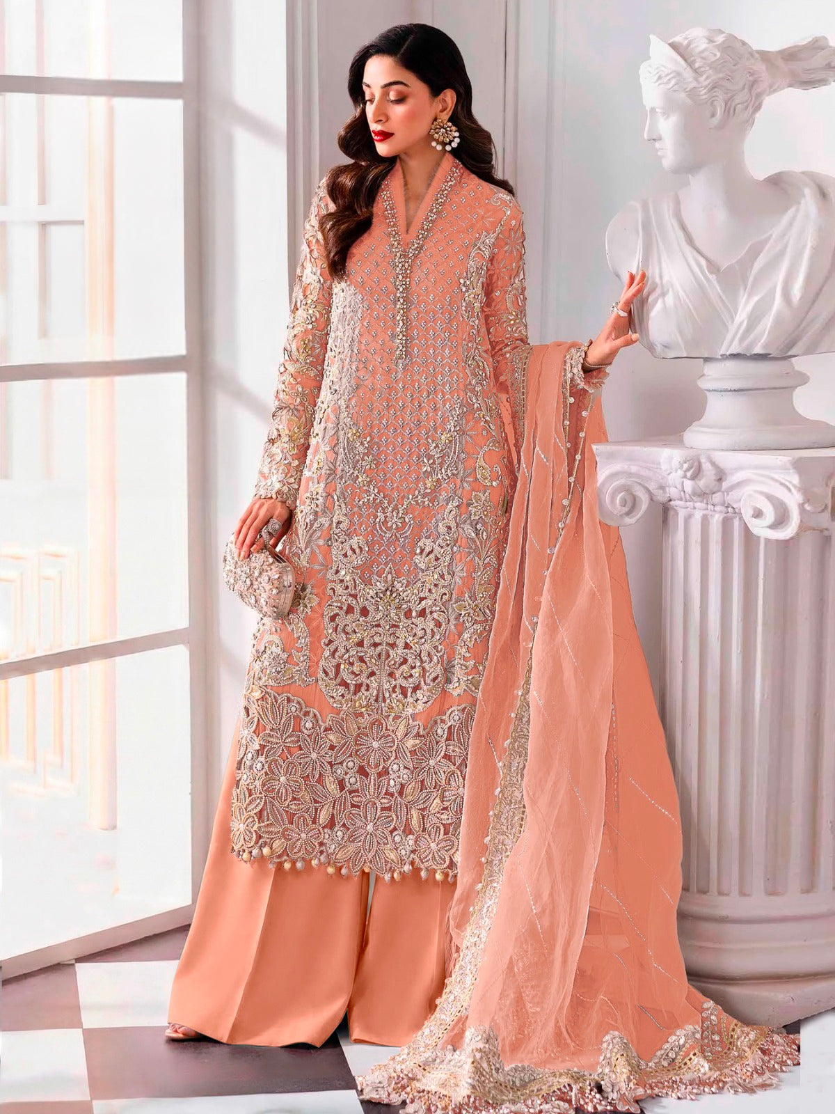 Women's Semi-Stitched Chiffon Pakistani Suit Catalog Set in Assorted Colors with Heavy Embroidery and Laser Cutwork