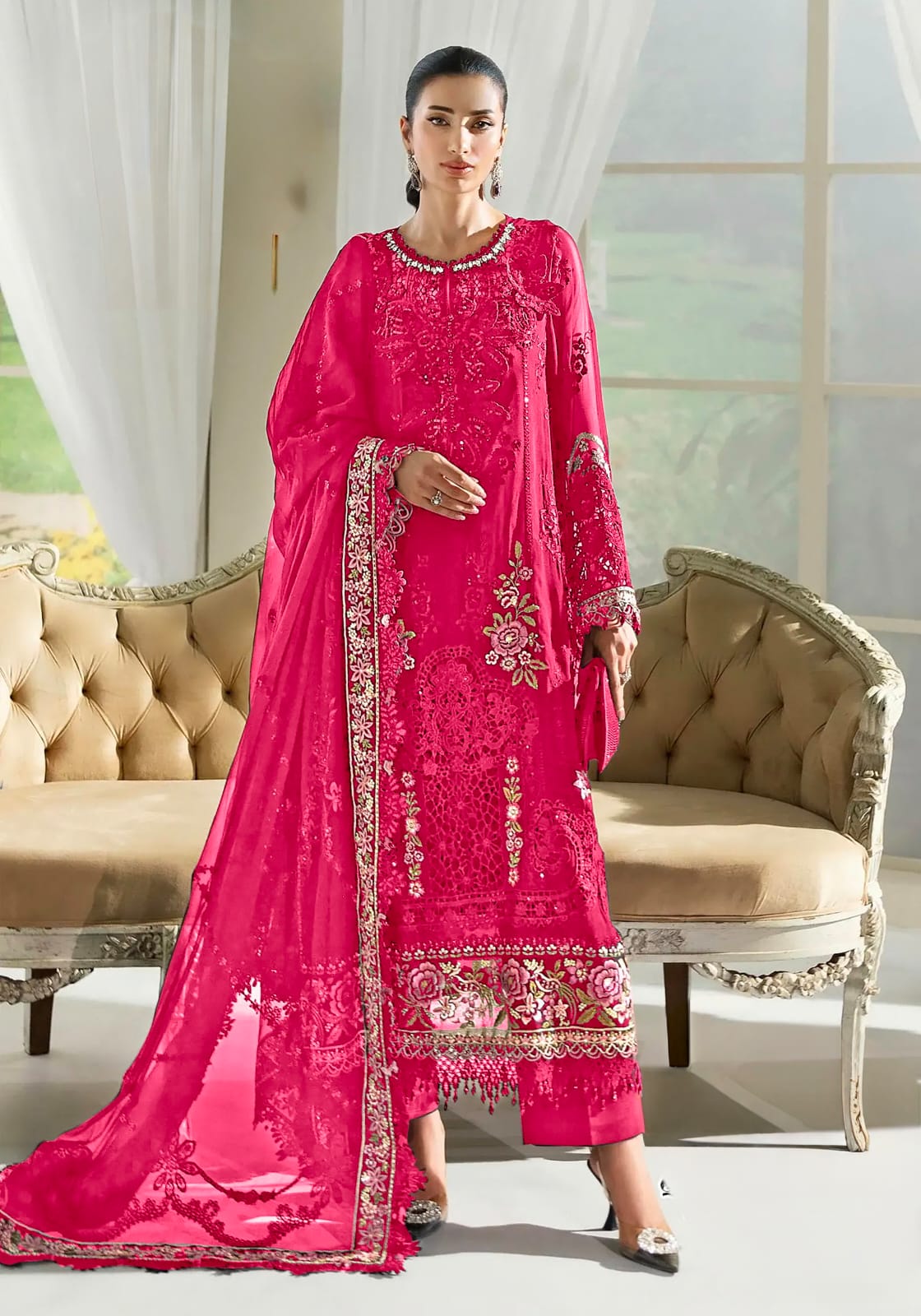 Women's Semi-Stitched Salwar Suit Catalog Set in Assorted Colors Organza with Heavy Embroidery and Cutwork