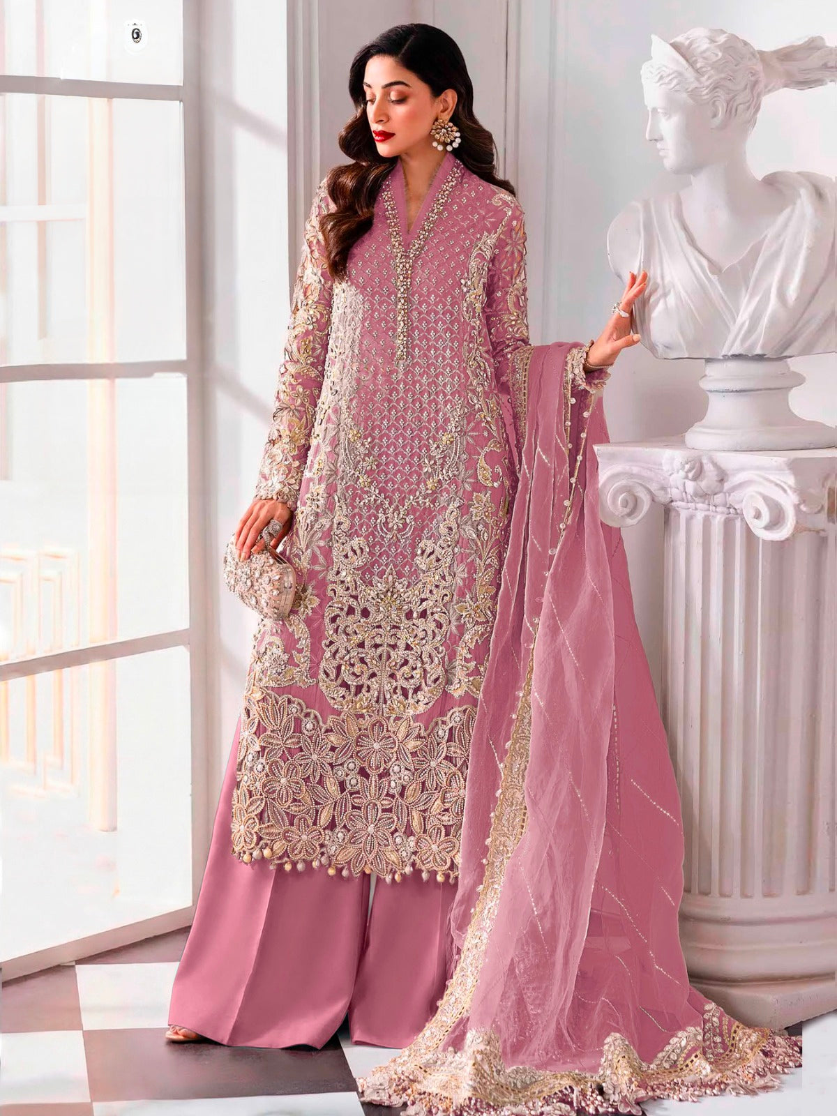 Women's Semi-Stitched Chiffon Pakistani Suit Catalog Set in Assorted Colors with Heavy Embroidery and Laser Cutwork