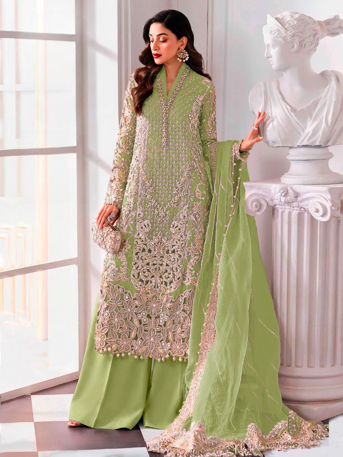 Women's Semi-Stitched Chiffon Pakistani Suit Catalog Set in Assorted Colors with Heavy Embroidery and Laser Cutwork