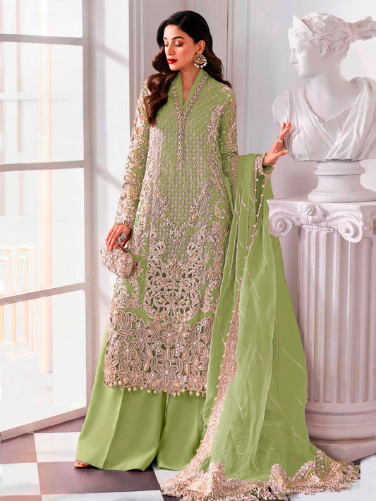 Women's Semi-Stitched Chiffon Pakistani Suit Catalog Set in Assorted Colors with Heavy Embroidery and Laser Cutwork
