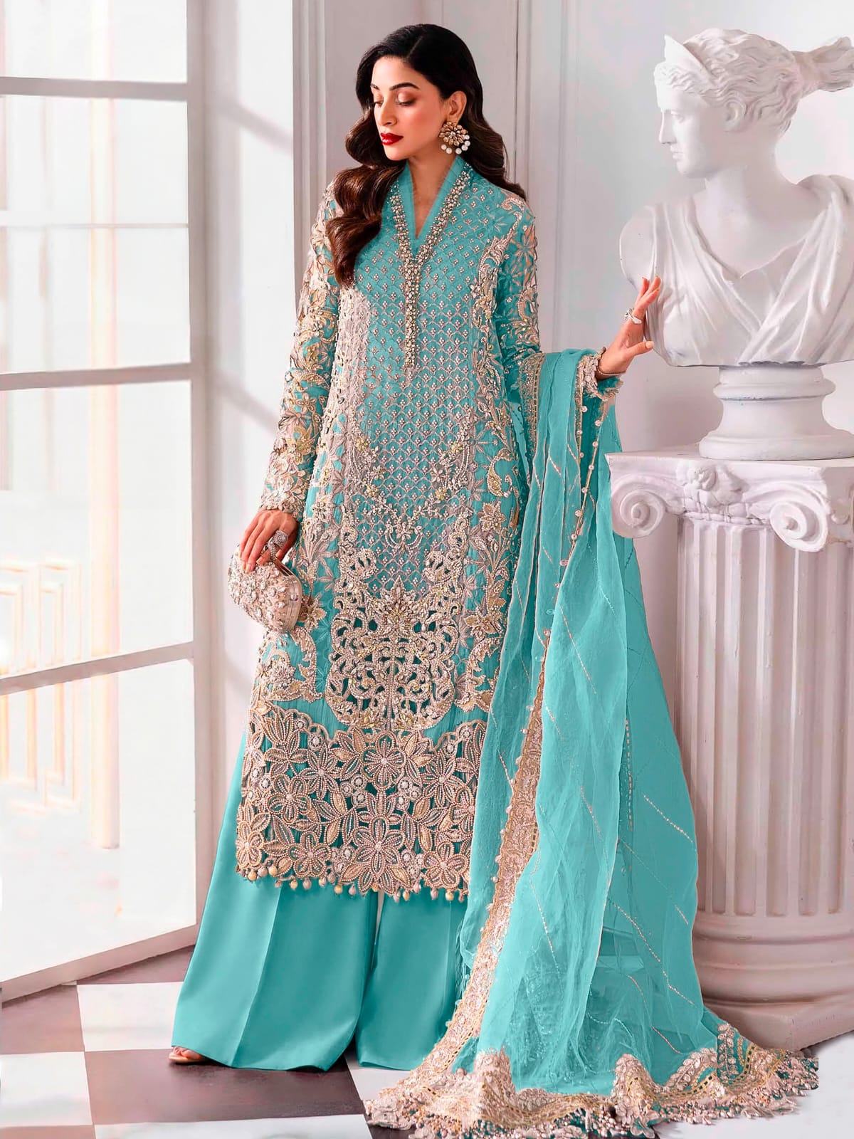 Women's Semi-Stitched Chiffon Pakistani Suit Catalog Set in Assorted Colors with Heavy Embroidery and Laser Cutwork