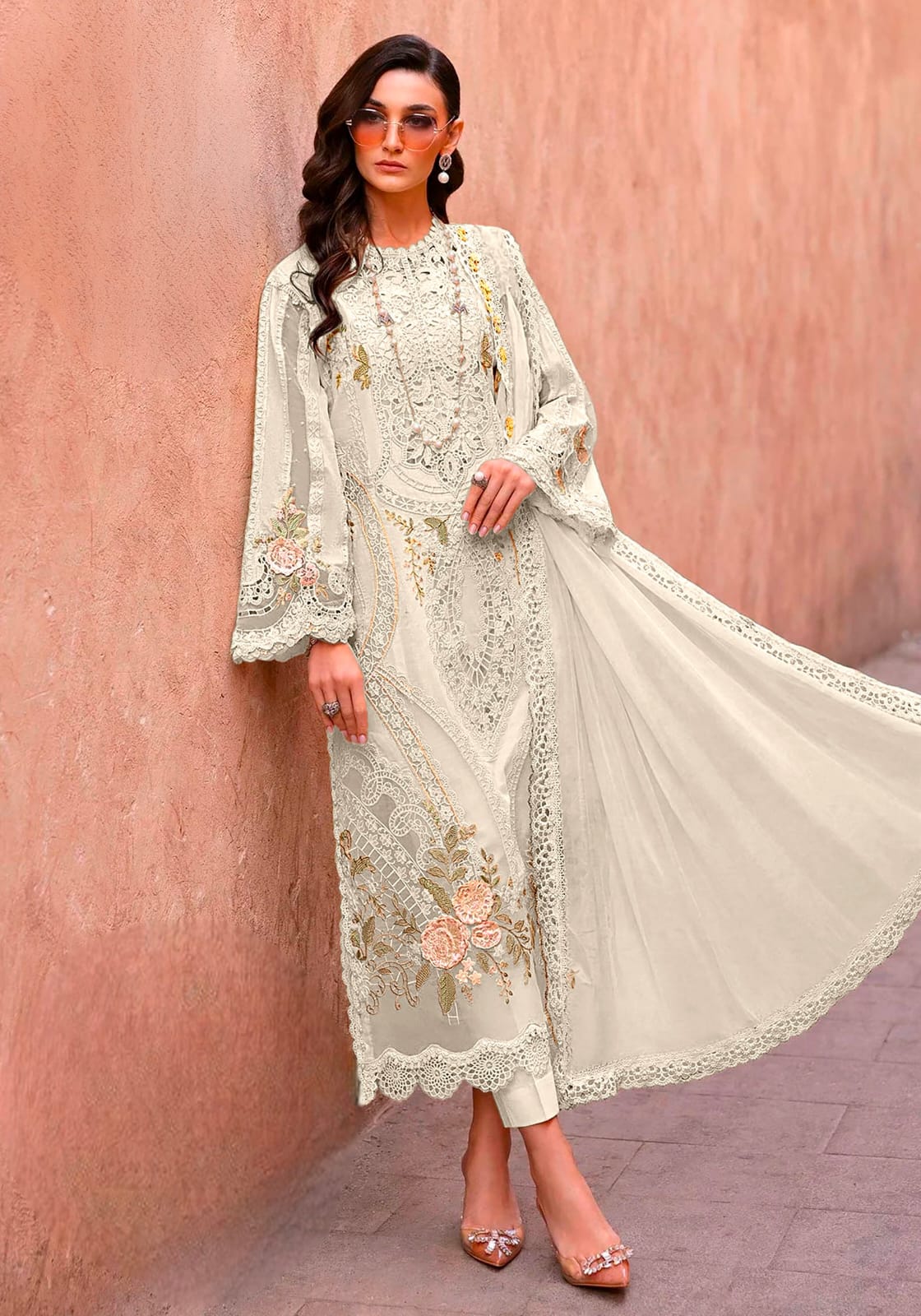 Women's Semi-Stitched Chiffon Suit Catalog Set in Assorted Colors with Embroidery, Purl Moti Work and Cutwork