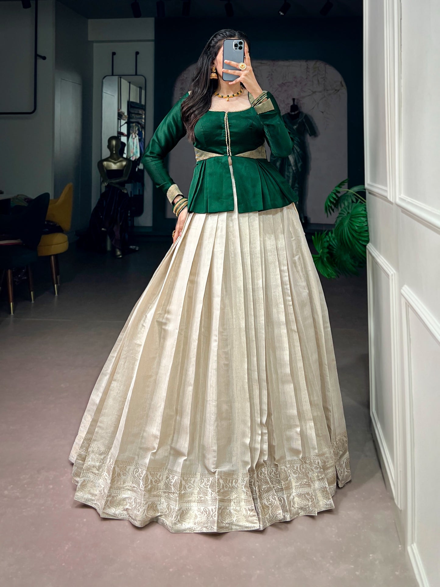 Women's Lehenga Set in Off-White Kanchipuram Silk with Zari Woven Border and Emerald Green Satin Silk Top
