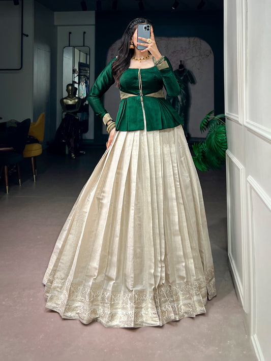 Women's Lehenga Set in Off-White Kanchipuram Silk with Zari Woven Border and Emerald Green Satin Silk Top