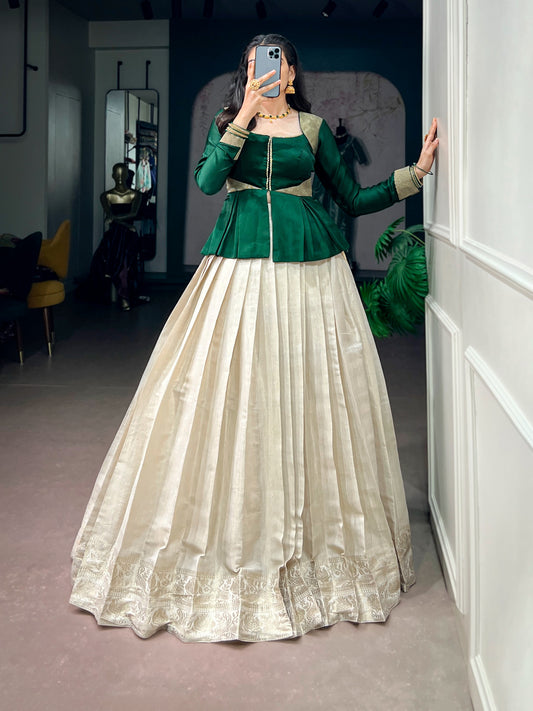 Women's Lehenga Set in Off-White Kanchipuram Silk with Zari Woven Border and Emerald Green Satin Silk Top