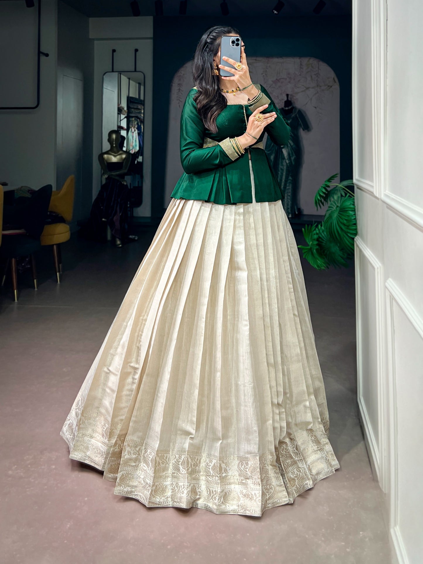 Women's Lehenga Set in Off-White Kanchipuram Silk with Zari Woven Border and Emerald Green Satin Silk Top