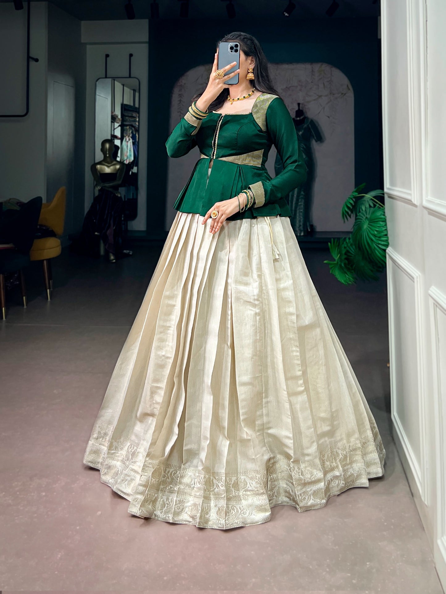 Women's Lehenga Set in Off-White Kanchipuram Silk with Zari Woven Border and Emerald Green Satin Silk Top