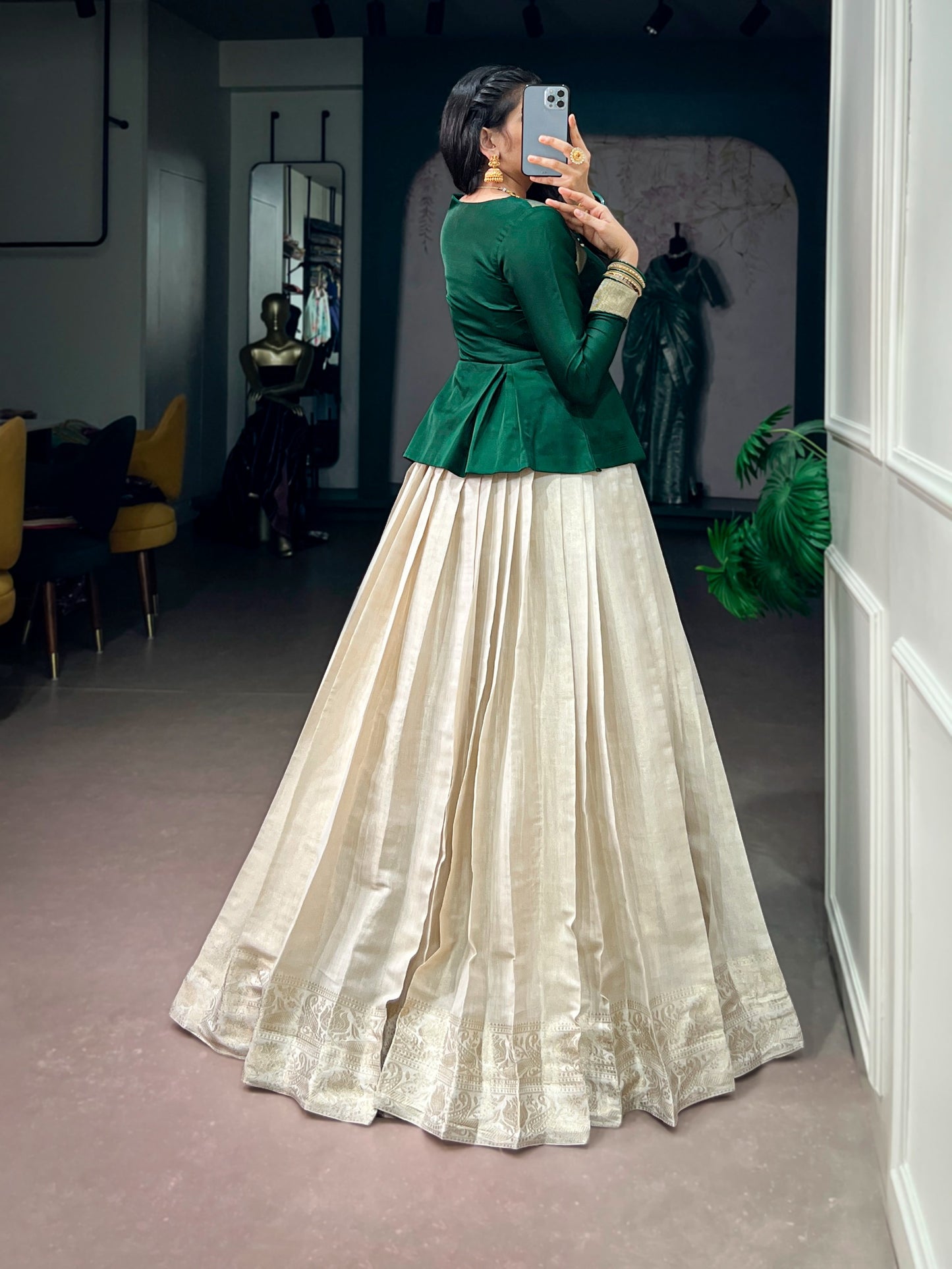Women's Lehenga Set in Off-White Kanchipuram Silk with Zari Woven Border and Emerald Green Satin Silk Top