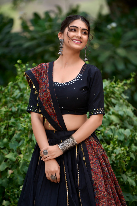 Women's Navratri Lehenga Choli Catalog Set in Assorted Colors Pure Cotton with Mirror Hand Work