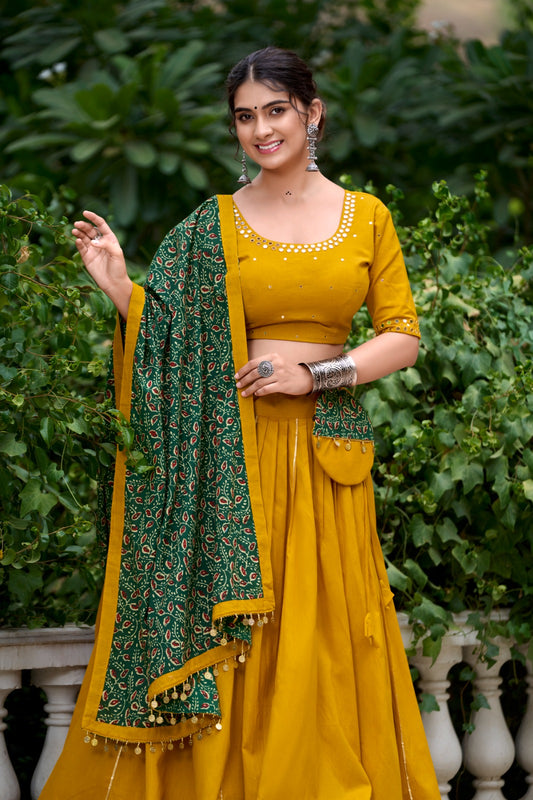 Women's Navratri Lehenga Choli Catalog Set in Assorted Colors Pure Cotton with Mirror Hand Work