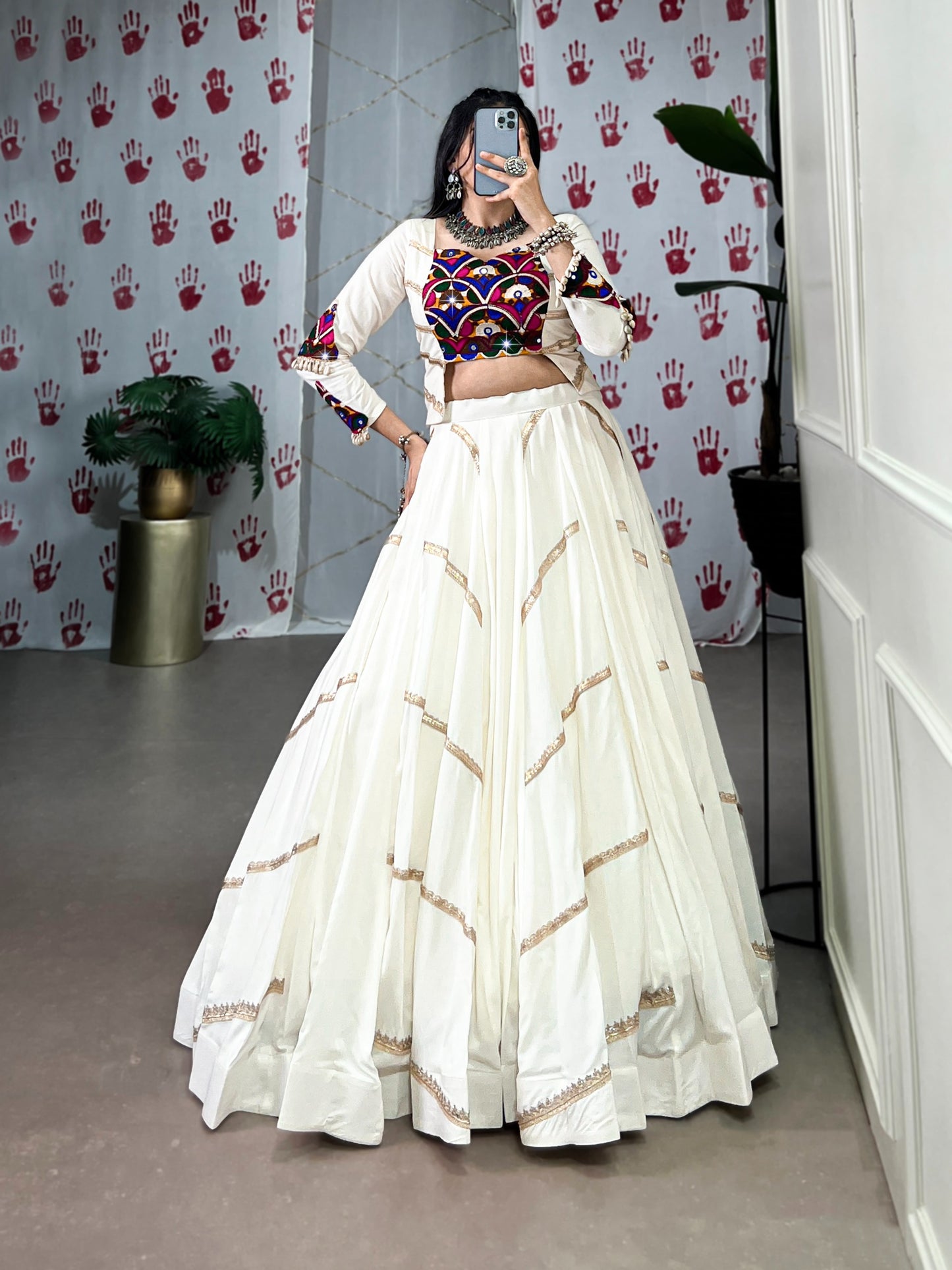 Women's Lehenga in Ivory White Pure Rayon with Mirror Gamthi Work