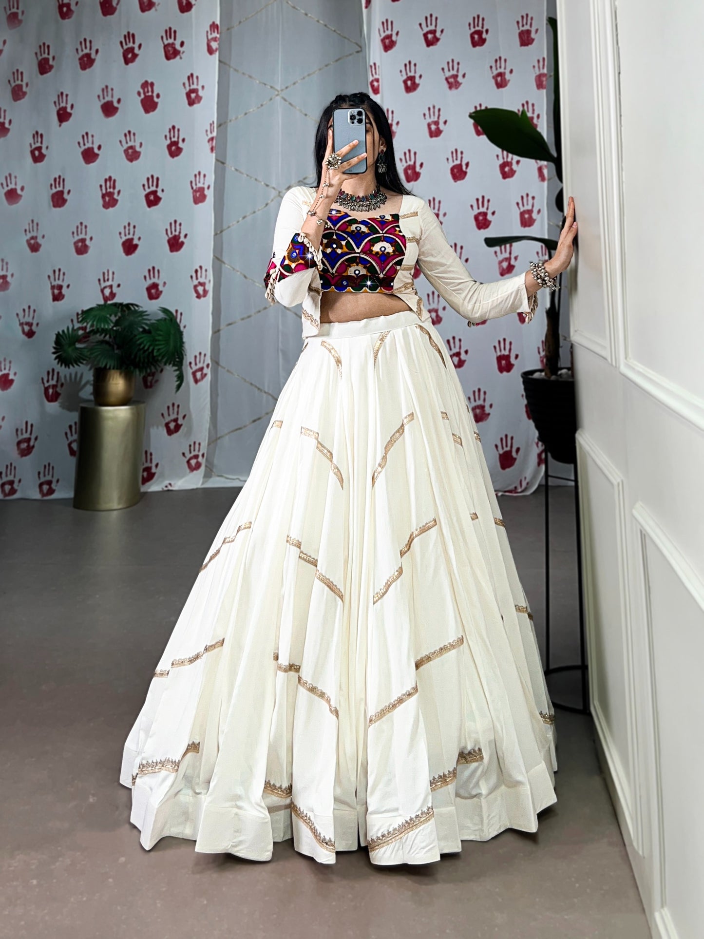 Women's Lehenga in Ivory White Pure Rayon with Mirror Gamthi Work